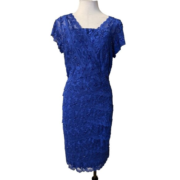 Marina Dress 16 Blue Stretch Lace Wedding Party Cruise V Neck Short Sleeve - Picture 6 of 11